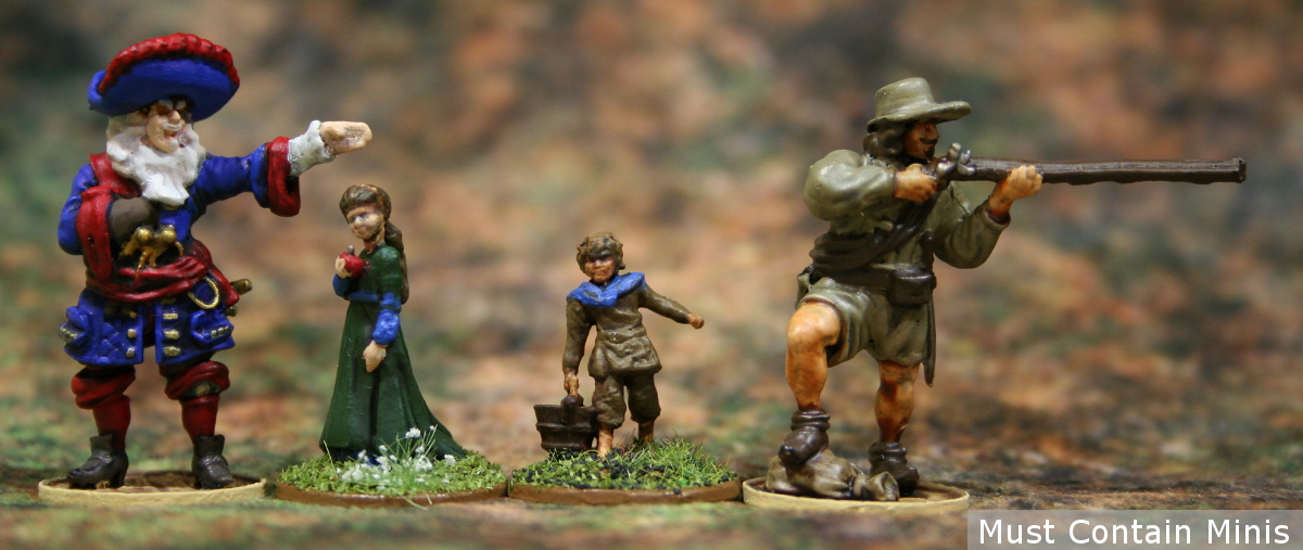 Scale comparison picture of Blood & Plunder Miniatures by Firelock Games to these 28mm Children by Wizkids.