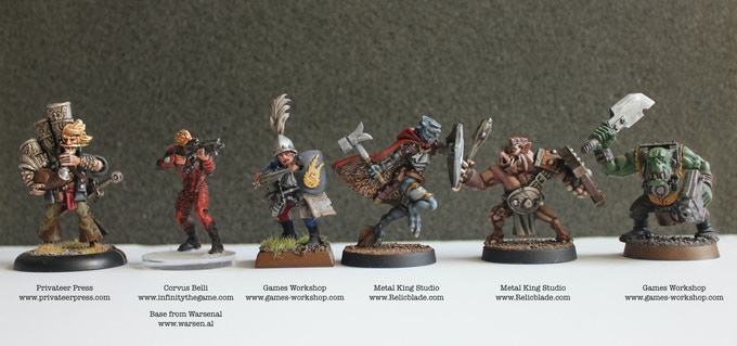 Relicblade to Privateer Press to Infinity to Warhammer scale comparison of Metal King Studios miniatures.