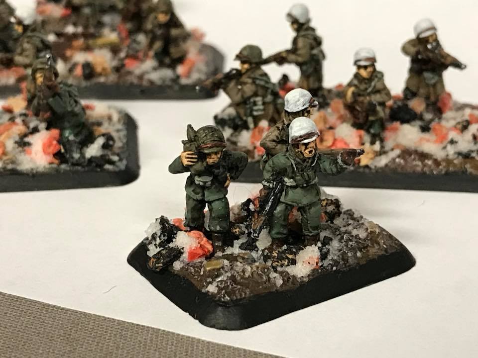 An American Head Quarters Unit for Wintertime WW2 soldiers. 15mm Flames of War Miniatures. 