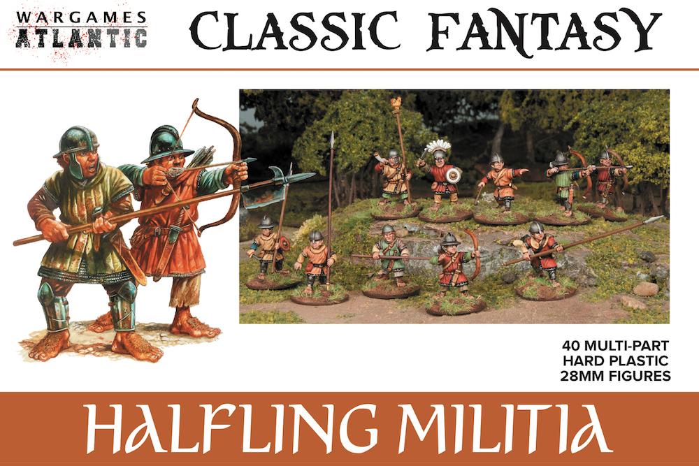 40 multi-part hard plastic 28mm Halfling Militia miniatures for a great price. Wargames Atlantic. 
