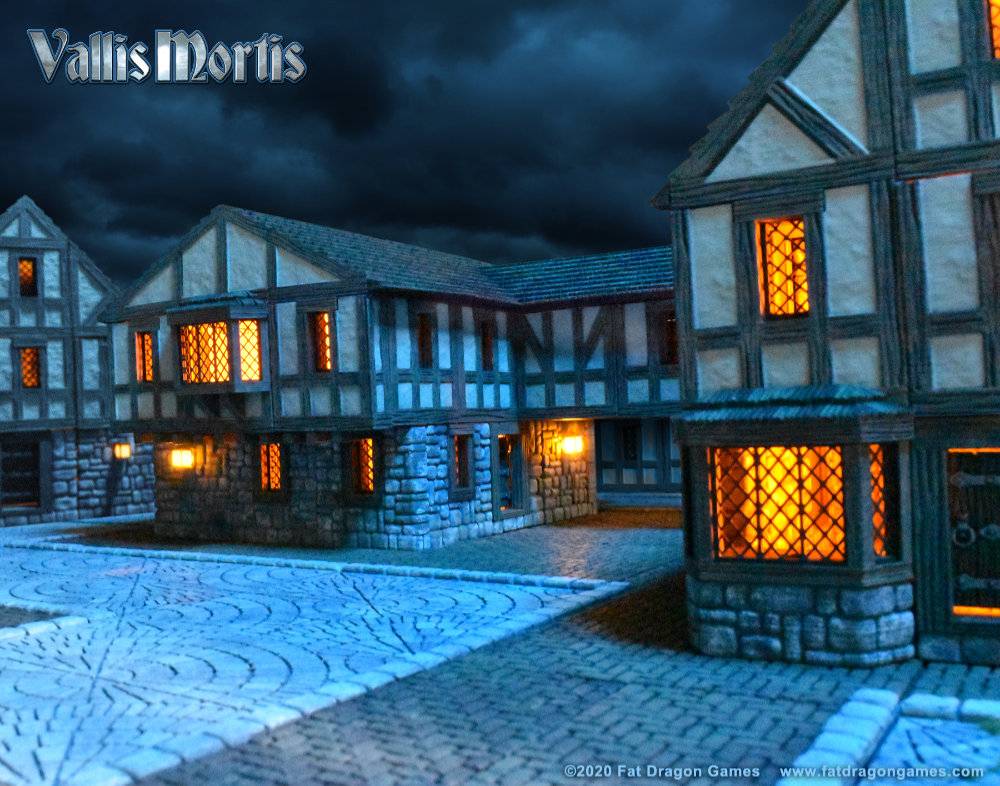 Vallis Mortis town - 3D Printed models with LEDs by Fat Dragon Games.