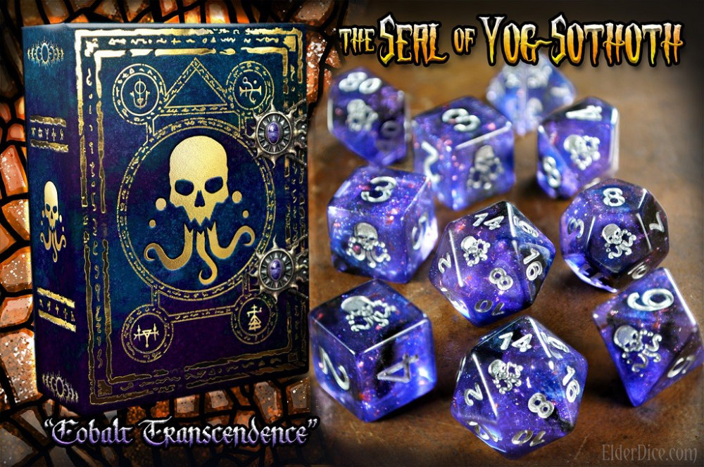 Cobalt Transcendence gaming dice with the Seal of Yog Sothoth - Great for Cthulhu based RPG Games, board games and miniatures games