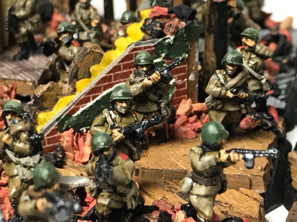 Close up of 15mm WW2 Russian SMG infantry miniatures