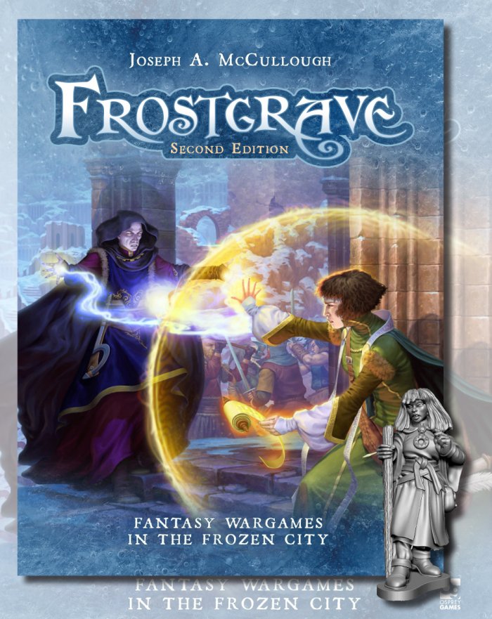 The cover of Frostgrave Second Edition up for pre-order with a free miniature