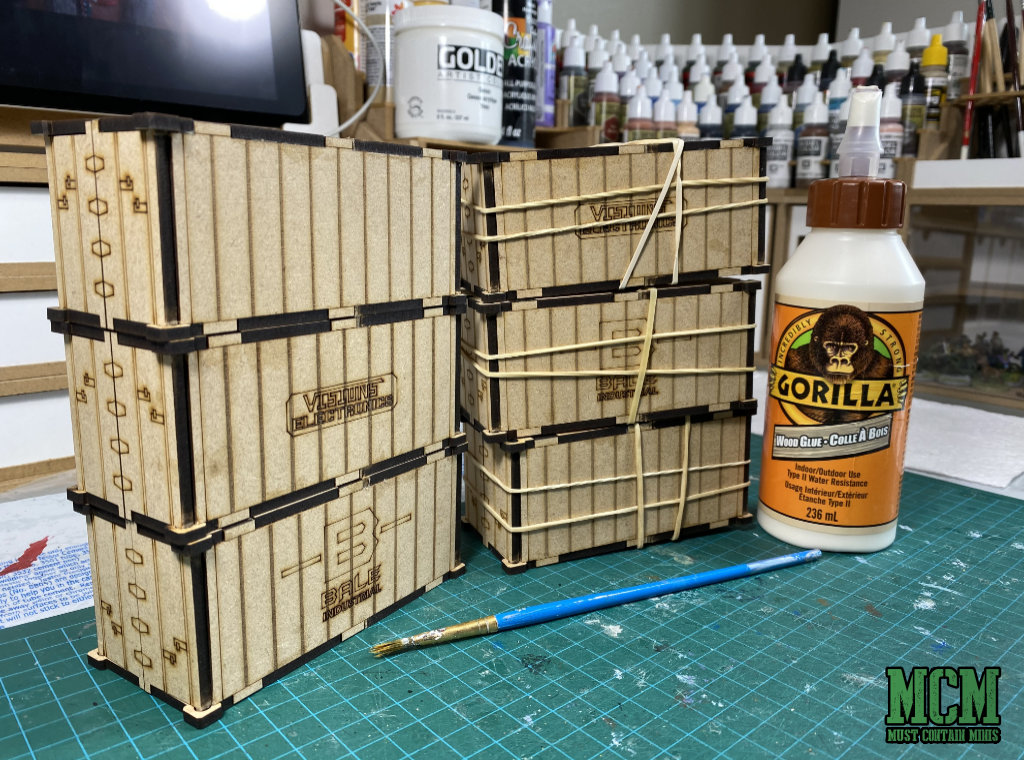 MDF Intermodal Containers Terrain built with Gorilla White Glue for miniature wargaming.