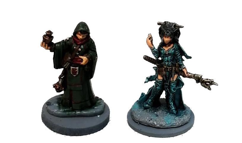 Frostgrave showcase - painted miniatures by Reaper Miniatures - Olivia a Female Cleric and Feiya an Iconic Witch. 