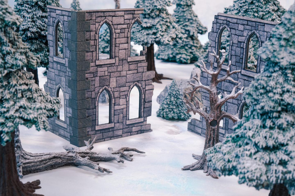 A Frostgrave set up using terrain by Monster Fight Club's new Kickstarter Monster Scenery: Ice Wilds