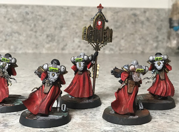 The back of the painted Sisters of Battle Miniatures