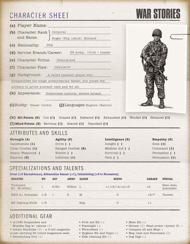 A character sheet for War Stories