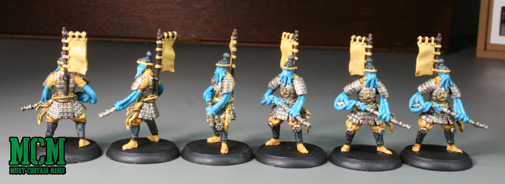 A group of painted Takobake Riflemen for the Shadows of Brimstone: Forbidden Fortress board game