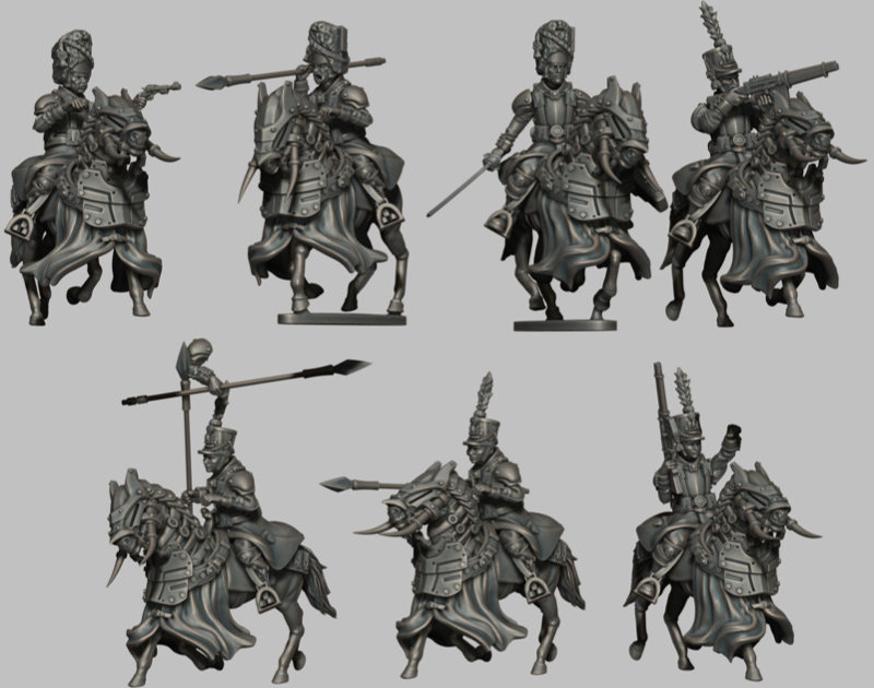 Proxy Roughrider Miniatures for Imperial Guard by Wargames Atlantic. I would likely use them for Grimdark Future by OnePageRules as Human Defense Force Calvary if I ever make these models.