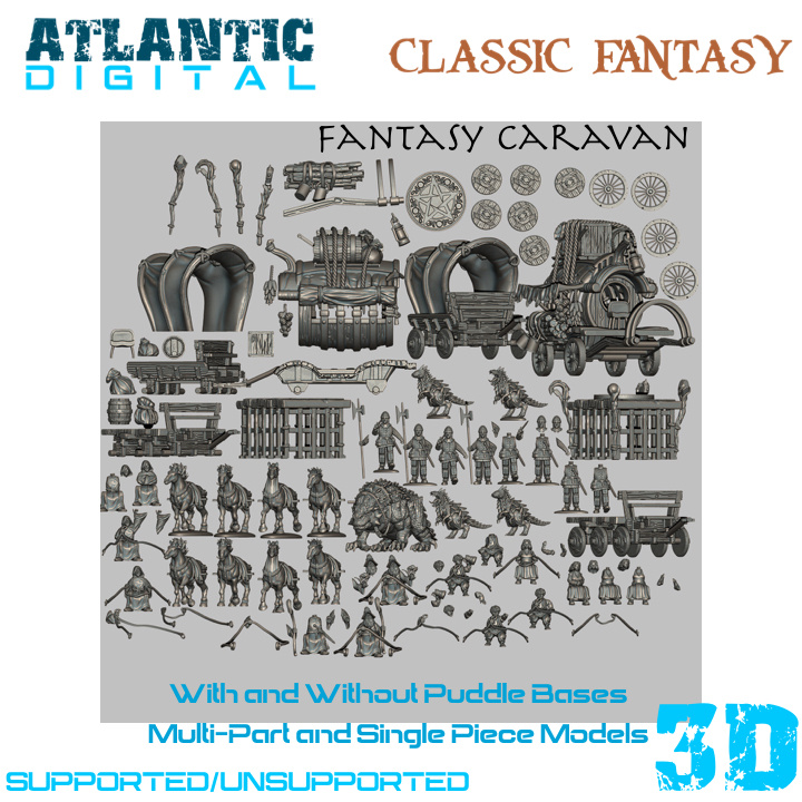Wargames Atlantic goes Digital with these 3D Printer files with MyMiniFactory. This Fantasy Caravan would be perfect for warband sized games (like Frostgrave) and RPGs like Dungeons and Dragons.
