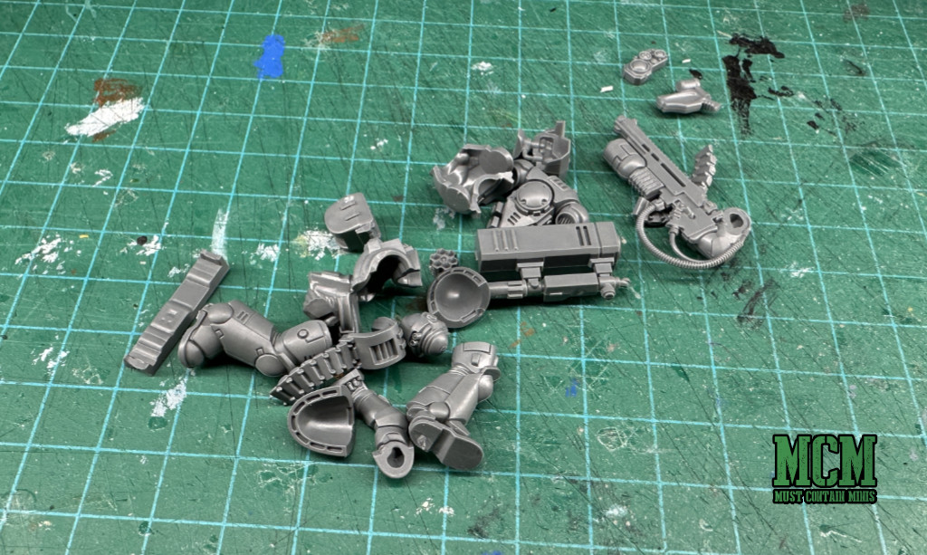 All of the parts of a single Desolation Squad Space Marine before you glue them together. 