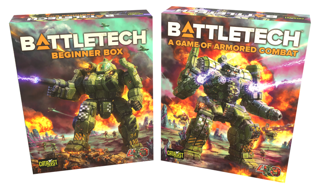 Artwork of the BattleTech Beginner Box and BattleTech A Game of Armored Combat 40th Anniversary Boxed Sets