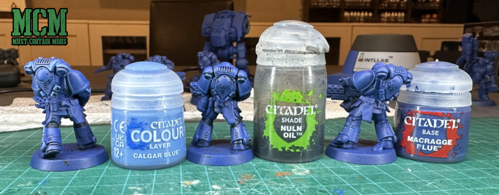 Paint Recipe for painting space marines in 2024... Citadel Macragge Blue for base, Nuln Oil for Shade, Calgar Blue for highlights. 