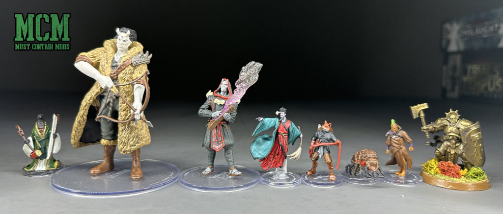 Scale comparison of Tournament of Trials miniatures to an Age of Sigmar model 