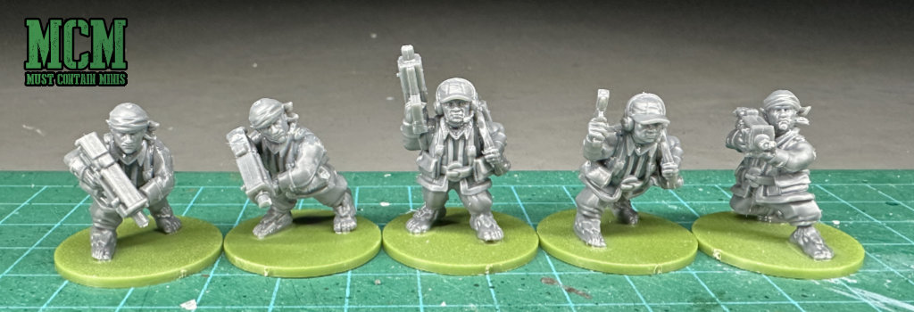 A Squad of 5 SMG armed sci-fi halfling miniatures 